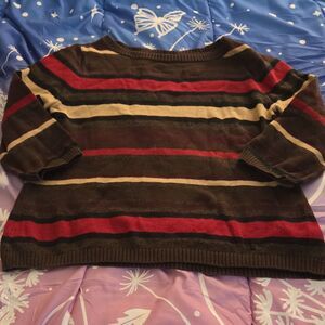 Chaps Striped Pullover Sweater Brown Red Beige Knit Cotton Large 3/4 Sleeve